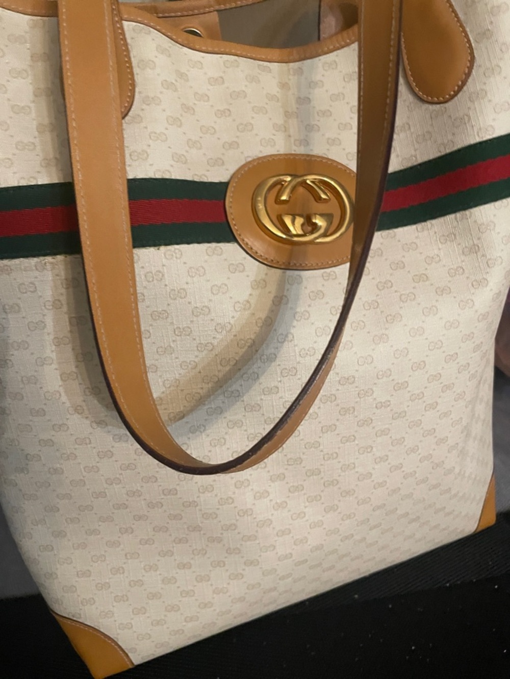 Gucci Beige Canvas Tote with Tan Leather and Green-Red Web Stripe